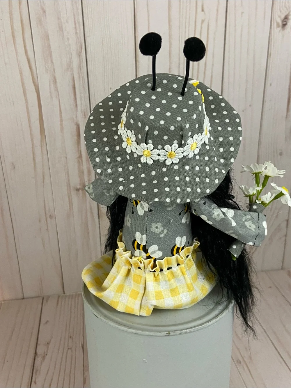 Handmade Sitting Bee Girl Gnome – Daisy Bumble Bee Shelf Sitter Decor - Picture 9 of 15
